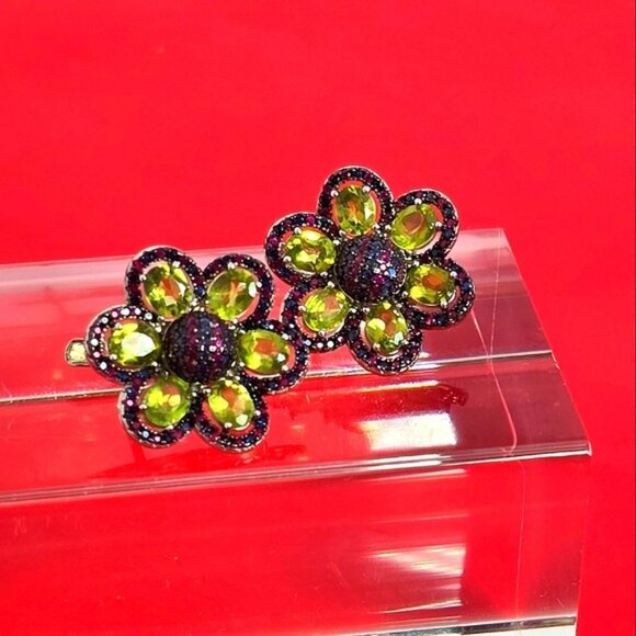 925 Sterling Silver Flower Earrings with Natural Peridot,  Ruby & Sapphire - Picture 8 of 10